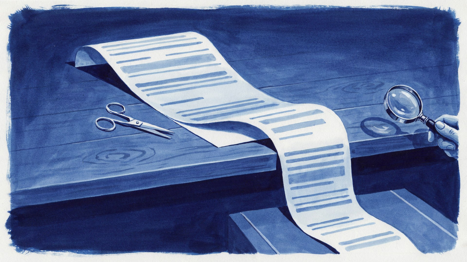 A cyanotype print of a long paper bill unrolled across a desk, a hand holding a magnifying glass over it and a pair of scissors set aside.