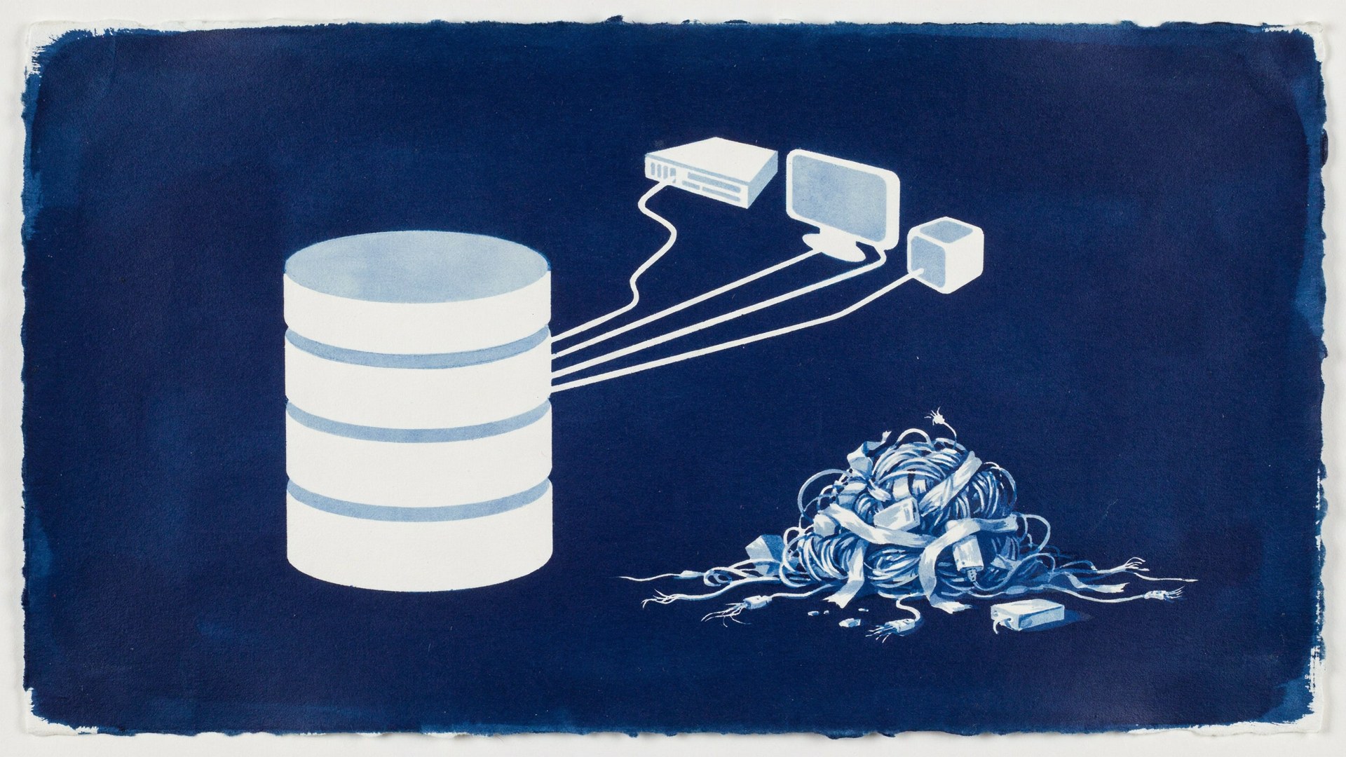 A cyanotype print of one database cylinder wired by a few clean cables to three devices, a tangled ball of taped wires abandoned beside it.
