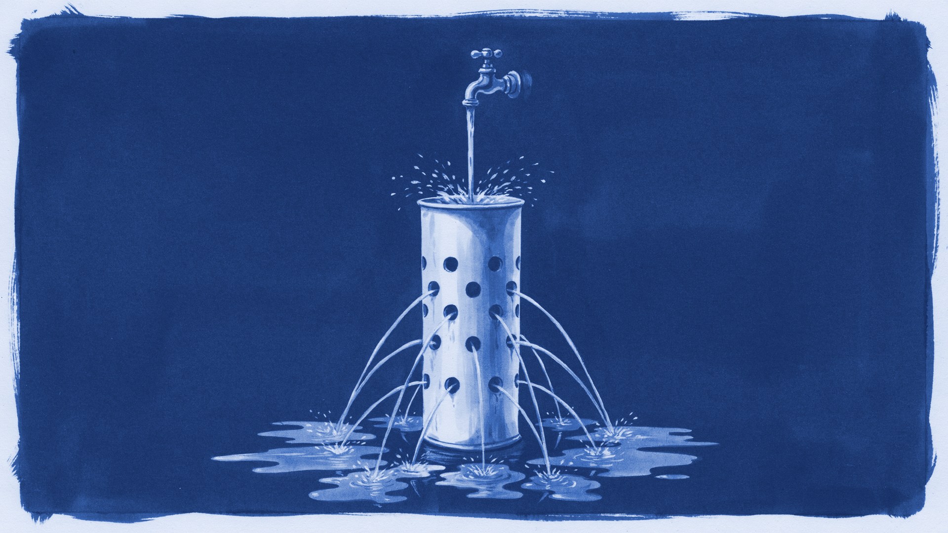 A cyanotype print of a tap pouring water into a tall bucket full of holes, water jetting out of every hole onto the floor.